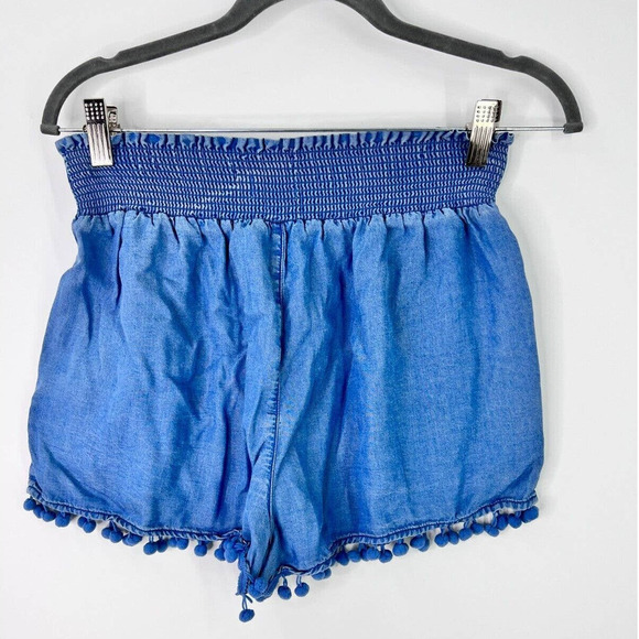TGLA Casual Shorts Blue Elastic Waist Pom Pom Lace 100% Tencel Pull On Women's M - Picture 2 of 7